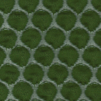 Green textile pattern with repeating raised circles in a hexagonal grid, woven texture, sample swatch, studio shot.
