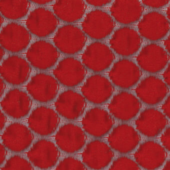 Moroso Pimple fabric sample, red woven textile with repeating circular raised texture on sheer translucent net background.
