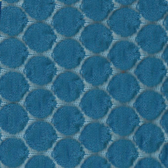 Moroso fabric sample, light blue woven textile, repeating circular node pattern with net-like connections, labeled “pimple a4232.”