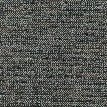 Moroso fabric sample, dark gray woven textile, subtle horizontal orange-brown bands, textured nubby surface, label with fabric details.