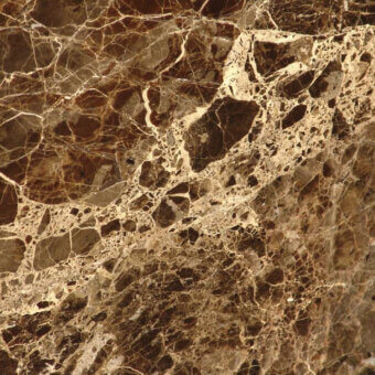 Dark Emperador marble texture with creamy white and beige veining on a deep brown polished surface, displaying irregular fissures.