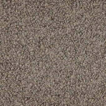 Bouclage fabric texture, muted gray-brown, dense looped pile with subtle grid weave and matte finish.