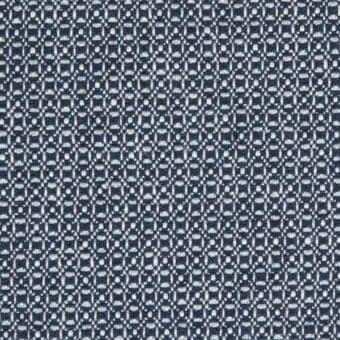 Navy blue geometric fabric texture, detailed weave with pale gray threads forming interconnected rectangles, durable nubby construction.