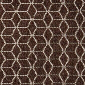 Rabat fabric sample, brown and off-white woven textile, geometric diamond and parallelogram repeat pattern with textured grid structure.