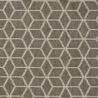 Rabat fabric sample, medium-brown woven textile, repeating hexagon and diamond geometric pattern with off-white lines, Porada collection 12823 44.