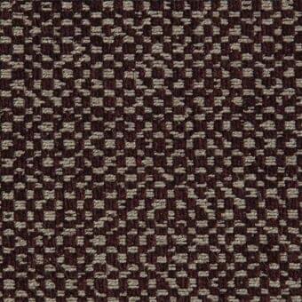 Burgundy woven fabric displaying a geometric grid pattern with taupe outlines, exhibiting a dense, slightly raised, and irregular texture.