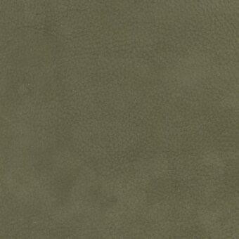 Olive-green nubuck leather sample, Porada collection 2136, shows a mottled grain and velvety nap with muted earthy tones.