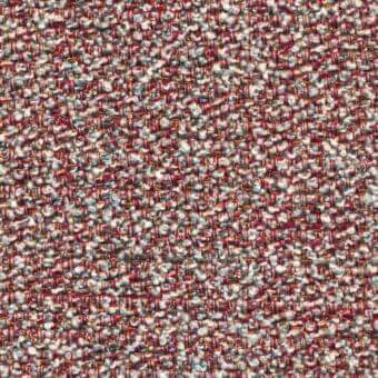 Potocco Calla A8R Rubino indoor fabric, ruby red woven texture with gray, teal, and orange threads, dense nubby weave.