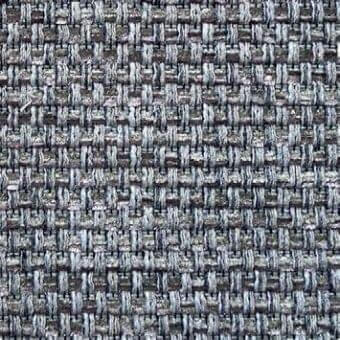 Gray woven fabric texture with heathered tonal variations, complex multi-directional weave, matte finish, and printed fabric identification.