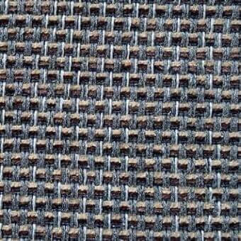 Woven fabric texture displaying a gray and brown grid pattern with horizontal and vertical threads, tight weave, muted earthy tones.