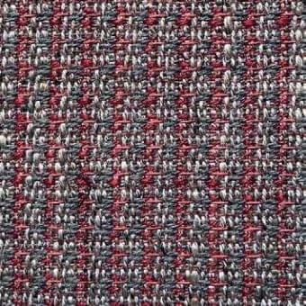 Woven fabric texture with vertical stripes in muted gray and reddish-burgundy, featuring a tight weave and subtle silvery-gray flecks.