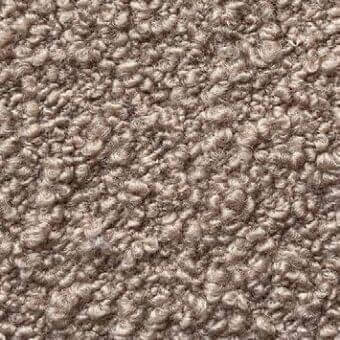 Presotto Cloud fabric sample, looped pile texture, taupe heathered tone, fibrous construction, uneven surface, light gray background.