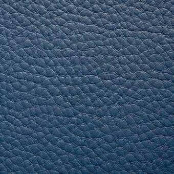Blue leather texture sample, Presotto “xt nhy17014”, displays a consistent pebble grain and matte finish, indicating a heavy, durable material.