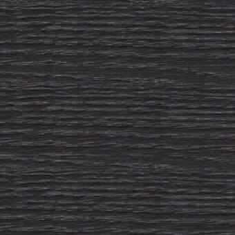 Dark charcoal wood grain texture with horizontal striations, matte finish, and fine parallel lines; “presotto rovere dark” label visible.