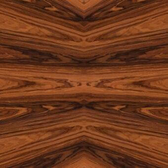 Santos Radiale wood texture, symmetrical kaleidoscope pattern, warm brown tones, polished surface, geometric arrangement with embedded text.