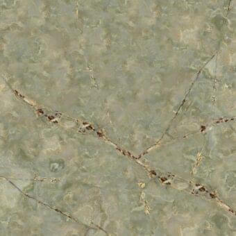 Green onyx texture with swirling light and dark green patterns, featuring reddish-brown fractures and gold inclusions, polished finish.