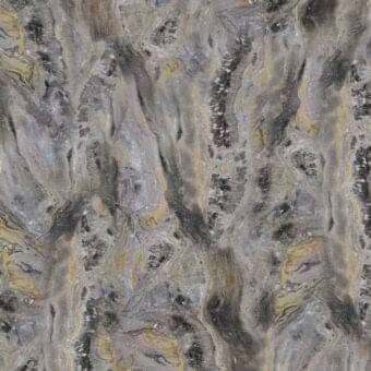 Polished marble texture with cool gray, yellow, and black swirling layers; diagonal veins create depth and a metallic sheen.
