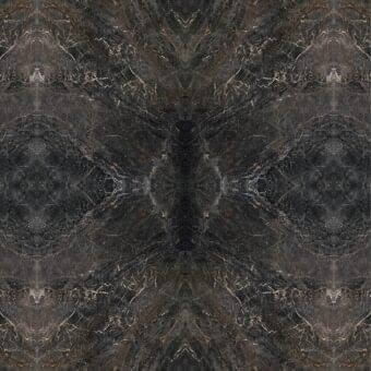 Gray marble texture with swirling veins, polished reflective surface, symmetrical pattern, and subtle cream and brown accents.