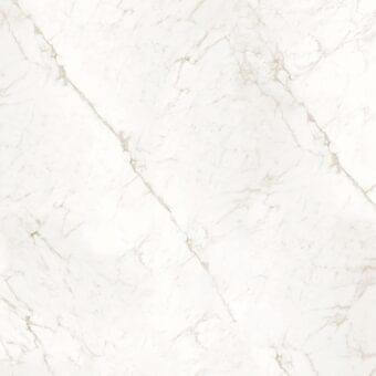 Calacatta Oro marble texture with off-white base and golden-beige veining, displaying a polished, reflective surface and diagonal fissure.