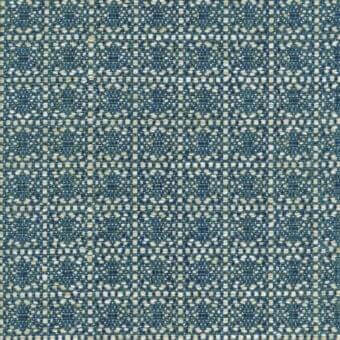 Teal and cream striped fabric sample with a complex woven texture, speckled with knots; durable material for upholstery or drapery.