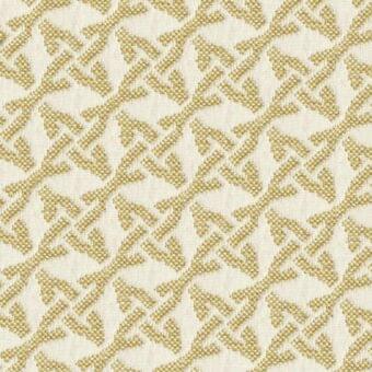 Kristal Oromix fabric, golden-yellow geometric pattern on cream, diamond and cross shapes, tight weave with subtle sheen.