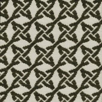 Krystal Nero fabric, geometric pattern with olive-green threads on cream, featuring intersecting diagonal lines and bead-like detailing.