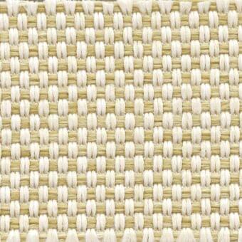 Woven fabric sample, cream and tan rattan, grid pattern with horizontal and vertical fiber bands, matte finish, neutral tone.