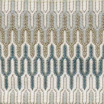 Geometric textile with chevron pattern in off-white, light gray, beige and blue, featuring a dense, woven horizontal row structure.
