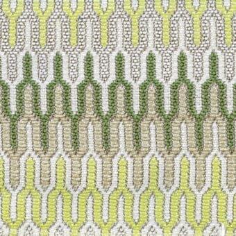 Geometric woven textile with white, lime green, and beige yarns featuring vertically oriented ovals and a dense warp thread network.