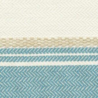 Woven textile sample, off-white and blue, layered stripes with linear, looped cord and chevron patterns from Roberti rattan fabrics.