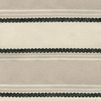 Beige striped textile with horizontal beadwork, featuring a plain weave fabric and evenly spaced dark brown bead accents.