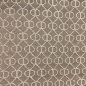 Geometric fabric swatch with interlocking circles in light beige on taupe, woven texture, “rr 434” identifier visible.