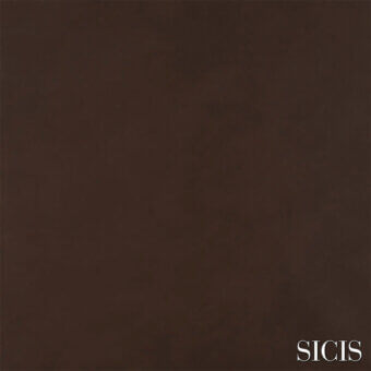 SICIS aidos smoke fabric sample, deep brown matte texture, woven material, serif typeface label, studio presentation.