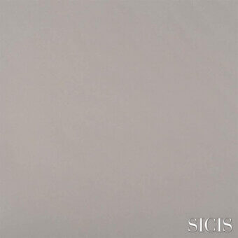 Sicis Emera fabric sample in grayish-taupe, matte finish, with subtle granular texture and stylized dark gray brand lettering.