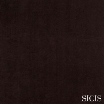 Sicis Nabuk Moka fabric sample, dark brown, short pile texture with mottled tone and subtle velvety appearance, brand name in lower right.