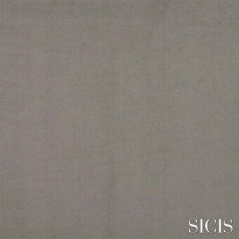 Sicis Nabuk silver fabric swatch, matte gray-silver, fine-grain texture, tightly woven, diffused lighting, brand name in lower right.