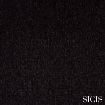 Black fabric sample with a dense, matte weave texture and subtle tonal variations, featuring “SICIS” branding and “selene black” product details.