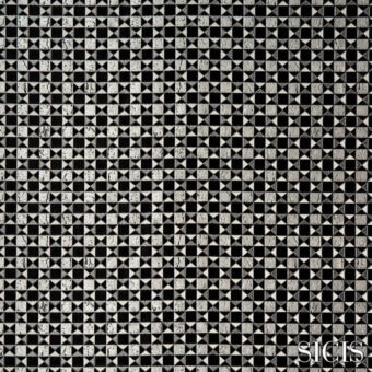 Geometric black and white textile pattern with repeating triangles, gradient effect, subtle speckling, and “SICIS” branding detail.