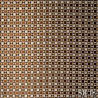Sicis fabric texture, bronze mosaic tile pattern with geometric squares displaying intersecting lines, gradient beige to brown tones.
