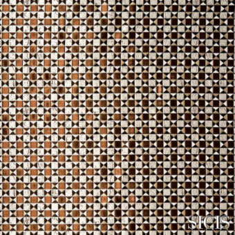 Sicis fabric, acaram gold textile with repeating geometric squares divided into triangular star shapes, bronze and cream tones.