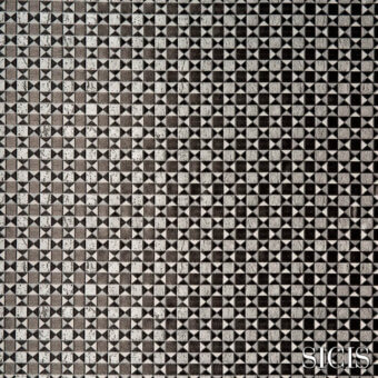 Gray mosaic fabric pattern with geometric tiles, gradient from light to dark, SICIS logo, and product details text.