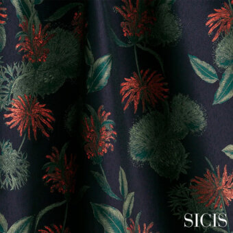 SICIS Botanica fabric swatch, navy blue background, detailed floral embroidery in dark green and red-orange, textured woven construction.