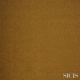Sicis fabric sample, gold woven texture, irregular layered pattern with subtle hue variations and a granular surface, brand logo visible.
