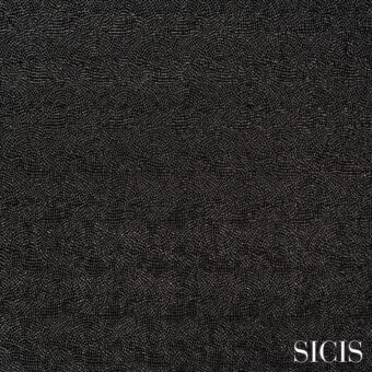 SICIS fabric sample, cloud platinum textile, dense irregular pattern of light shapes on dark gray, subtly raised texture.
