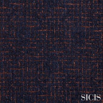 Sicis Eliodoro fabric swatch in navy blue features a raised copper grid pattern, dense woven texture, and stylized brand lettering.