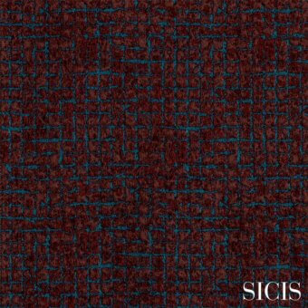 Sicis fabric sample, burgundy and petrol, with a raised geometric pattern and cracked texture, displaying the brand name in white.