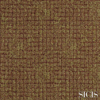 Sicis Eliodoro fabric sample, green bronze woven texture, irregular brick pattern with raised pile and visible logo detail.