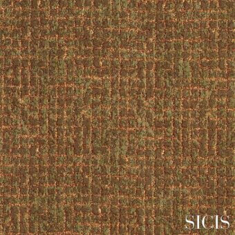 Sicis fabric sample, eliodoro green copper, woven grid texture with rectangular pattern and muted brown, green, copper coloration.