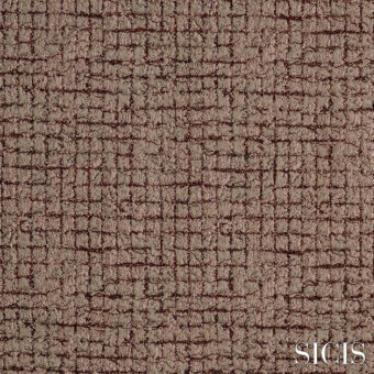 Sicis fabric sample, greige textured weave, irregular brick pattern with short pile and subtle tonal shifts, light gray background.