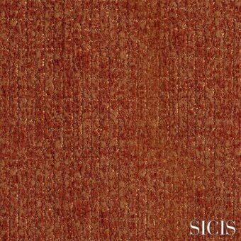 Rust woven fabric texture with vertical threads, golden highlights, and SICIS logo in emerald green; eliodoro rust sample.